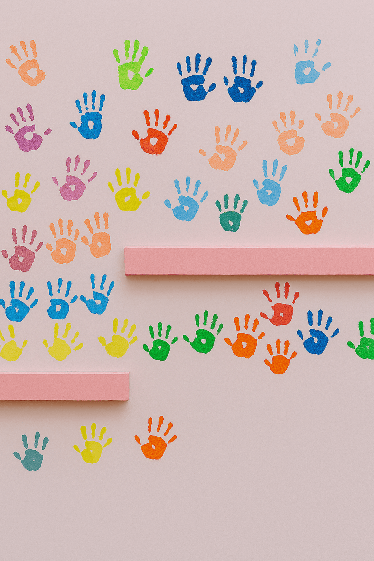 Colorful children's handprints on a pink wall, symbolizing early emotional experiences and the expressive nature of inner child work in therapy.