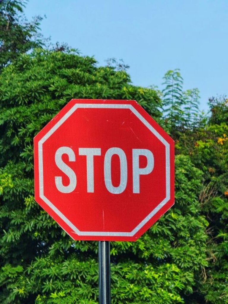 A red octagonal stop sign with white lettering that reads "STOP" is prominently displayed in front of a lush green background of trees and foliage under a clear blue sky.