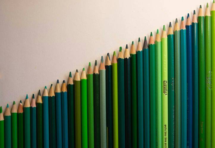 Row of perfectly aligned green pencils symbolizing rigid standards and perfectionism.
