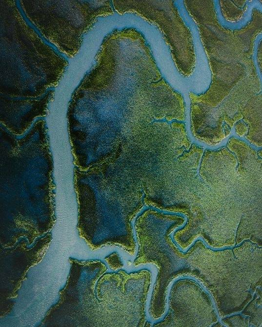 Aerial view of winding rivers symbolizing multiple paths and choices, representing values-based decision-making.