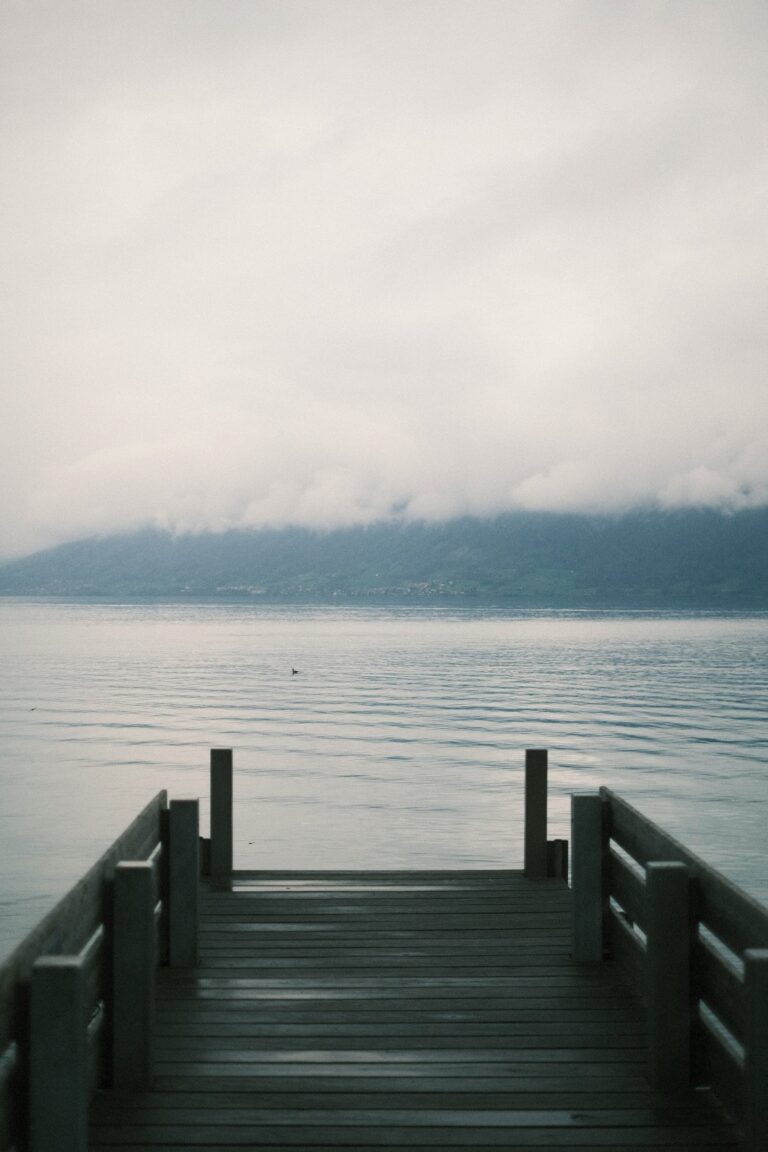 Wooden dock extending into calm water with a fog-covered horizon, symbolizing uncertainty and moving forward without having all the answers.